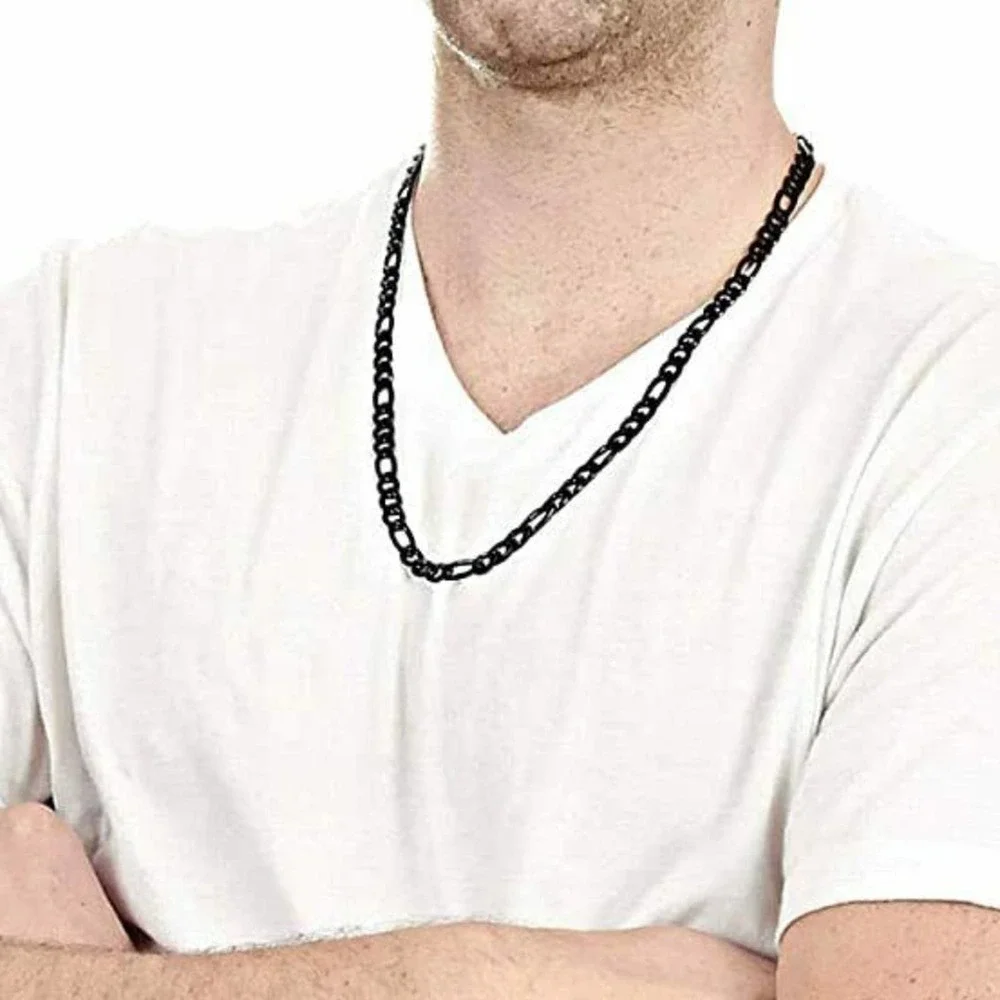 Men's Black Enamel Figaro Necklace Stainless Steel Chain! NEW 24